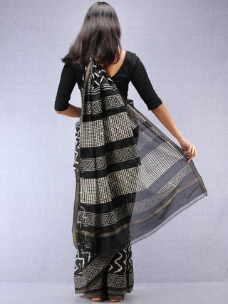 Black White Hand Block Printed Chanderi Saree With Geecha Border - S031704519
