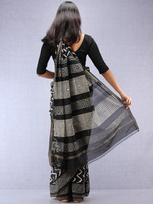 Black White Hand Block Printed Chanderi Saree With Geecha Border - S031704519
