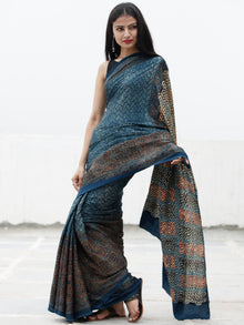 Indigo Black Maroon Beige Ajrakh Hand Block Printed Modal Silk Saree in Natural Colors - S031703705