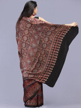 Black Maroon Indigo Ajrakh Hand Block Printed Modal Silk Saree - S031704187
