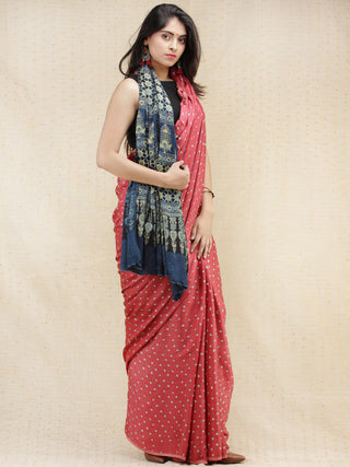 Coral Invory Indigo Bandhej Modal Silk Saree With Ajrakh Printed Pallu & Blouse - s031704142