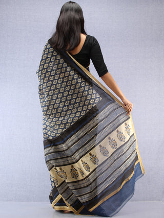 Indigo Ivory Hand Block Printed Chanderi Saree With Geecha Border - S031704491