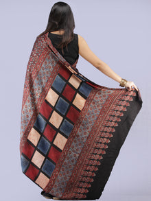 Maroon Black Beige Indigo Ajrakh Hand Block Printed Modal Silk Saree - S031704255