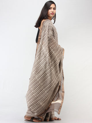 Kashish Ivory Maheshwari Silk Hand Block Printed Saree With zari Border - S031704466