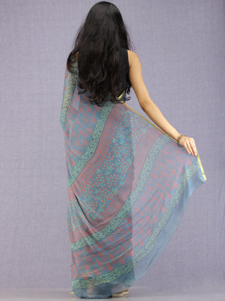 Steel Blue Red Green Hand Block Printed Chiffon Saree with Zari Border - S031704595