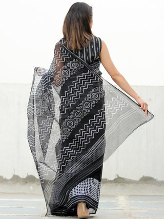 Black & White Hand Block Printed Kota Doria Saree  - S031704079