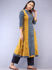 Indigo Mustard Ajrakh Hand Block Printed Cotton Kurta With Side Knots - K203F1536