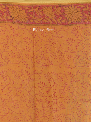 Yellow Green Hand Block Printed Chiffon Saree with Zari Border - S031704564