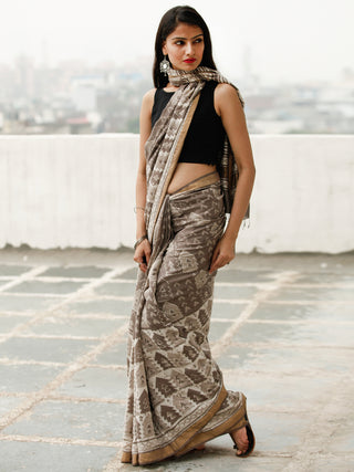 Kashish Ivory Hand Block Printed Handwoven Linen Saree With Zari Border - S031704038