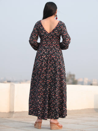 Black Indigo Maroon Hand Block Printed Deep Back Cotton Long Dress D461F2140
