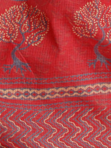 Red Blue Ivory Hand Block Printed Kota Doria Saree In Natural Colors - S031703480