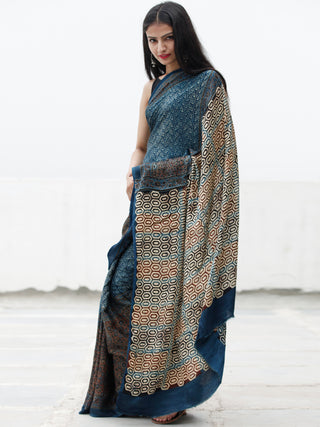 Indigo Black Maroon Beige Ajrakh Hand Block Printed Modal Silk Saree in Natural Colors - S031703705