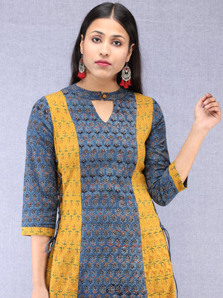 Indigo Mustard Ajrakh Hand Block Printed Cotton Kurta With Side Knots - K203F1536