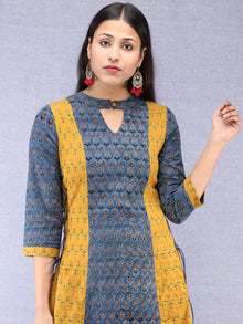 Indigo Mustard Ajrakh Hand Block Printed Cotton Kurta With Side Knots - K203F1536