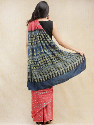 Coral Invory Indigo Bandhej Modal Silk Saree With Ajrakh Printed Pallu & Blouse - s031704142