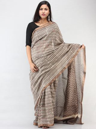 Kashish Ivory Maheshwari Silk Hand Block Printed Saree With zari Border - S031704466