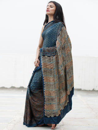 Indigo Black Maroon Beige Ajrakh Hand Block Printed Modal Silk Saree in Natural Colors - S031703705
