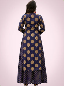 Jina - Indigo Gold Block Printed Long Cape Dress - D400F2199
