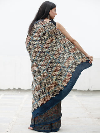 Indigo Black Maroon Beige Ajrakh Hand Block Printed Modal Silk Saree in Natural Colors - S031703705