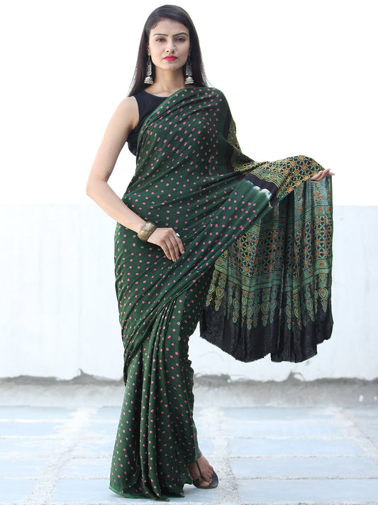 Bottle Green Coral Black  Bandhej Modal Silk Saree With Ajrakh Printed Pallu & Blouse - S031703884