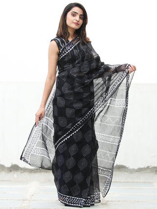 Black & White Hand Block Printed Kota Doria Saree  - S031704080