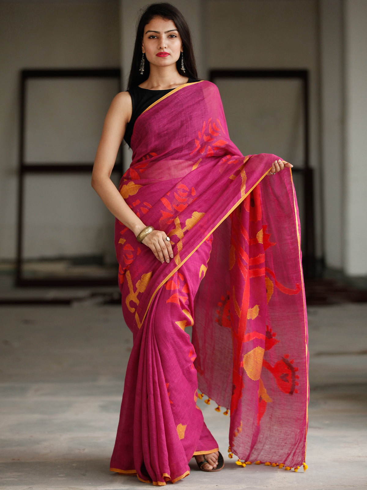 Deep Pink Yellow Red Handwoven Linen Jamdani Saree With Tassels - S031703785