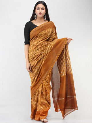Mustard Brown Ivory Maheshwari Silk Hand Block Printed Saree With Zari Border - S031704468