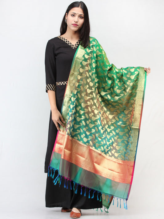 Banarasi Semi Georgette Dupatta With Zari Work -  Green & Gold  - D04170905