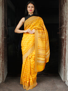 Yellow Ivory Chanderi Silk Hand Block Printed Saree With Geecha Border - S031703993