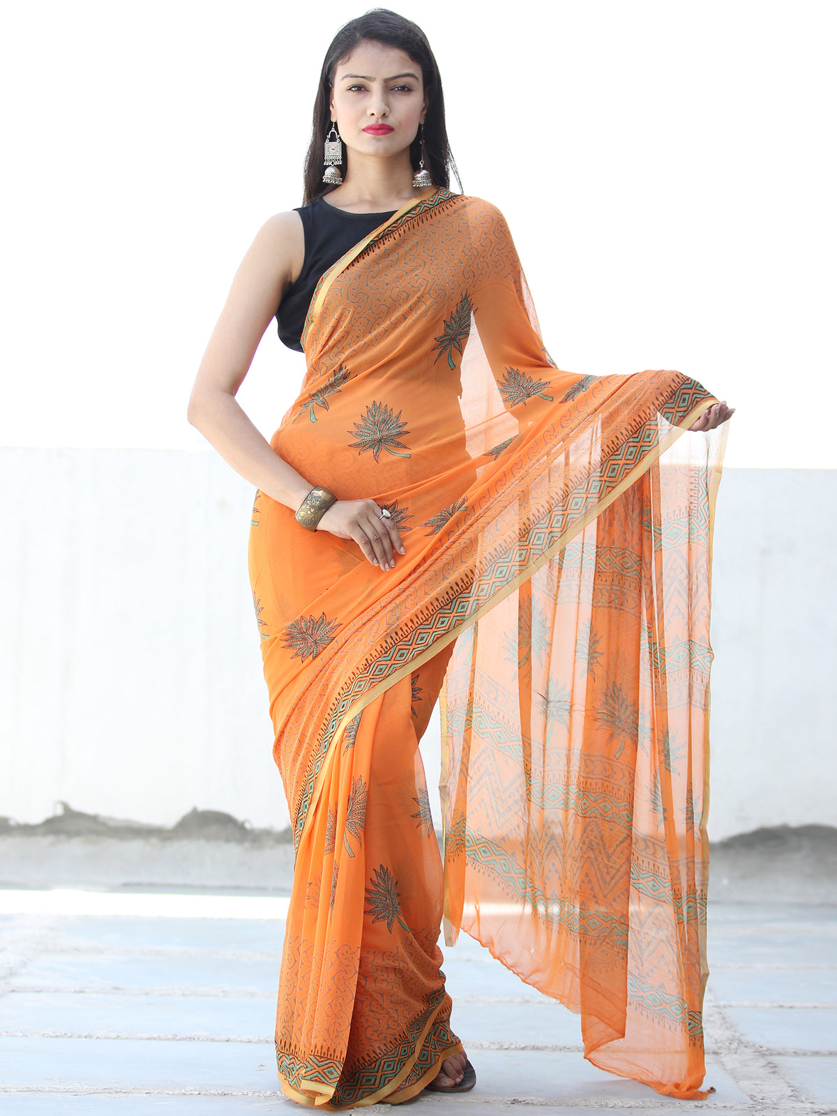 Orange Green Hand Block Printed Chiffon Saree with Zari Border - S031703924