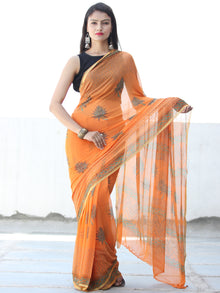 Orange Green Hand Block Printed Chiffon Saree with Zari Border - S031703924