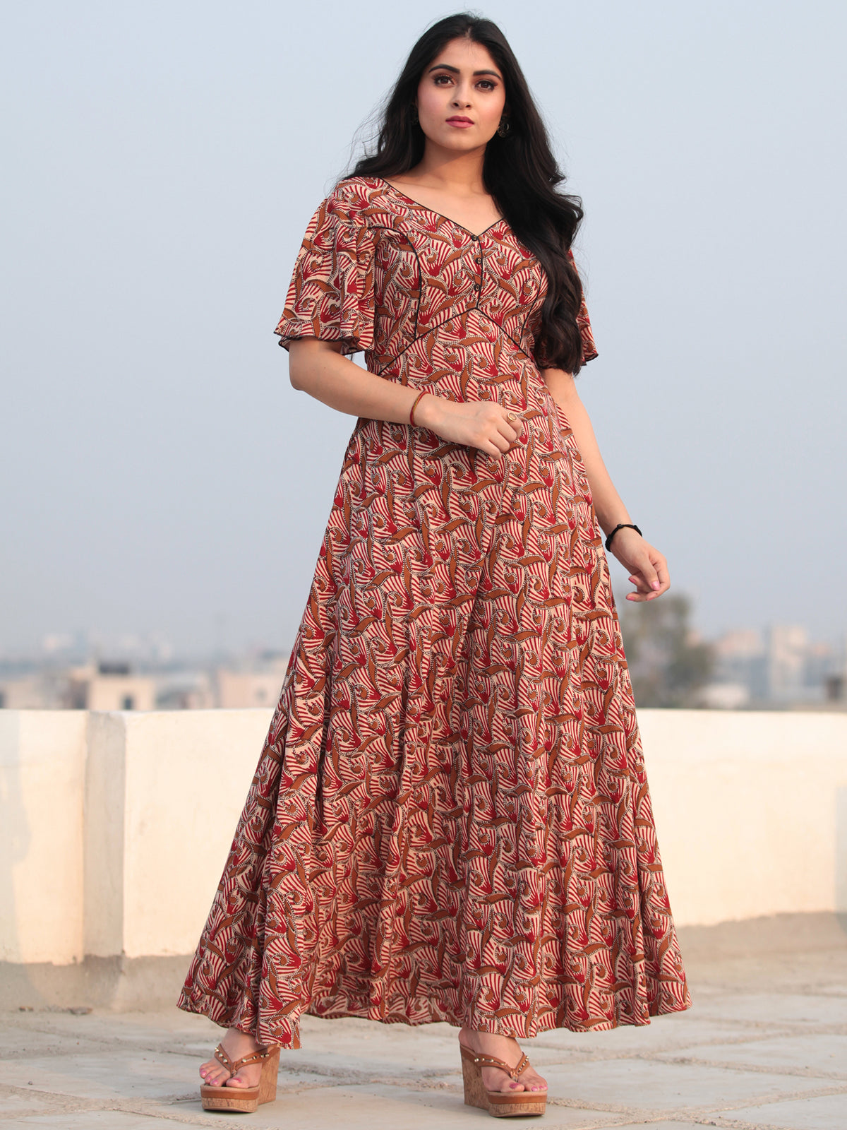 Brick Red Ivory Brown Hand Block Long Cotton Dress With Bell Sleeves - –  InduBindu