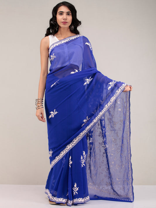 Royal Blue Aari Embroidered Georgette Saree From Kashmir - S031704636