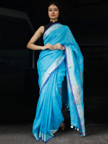 Sky Blue Handwoven Linen Saree With Zari - S031703453