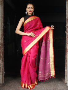 Magenta Pink Golden Handwoven Linen Jamdani Saree With Zari Border & Tassels - S031704011