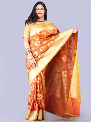 Banarasee Art Silk Saree With Bird Motif - Orange & Gold  - S031704301