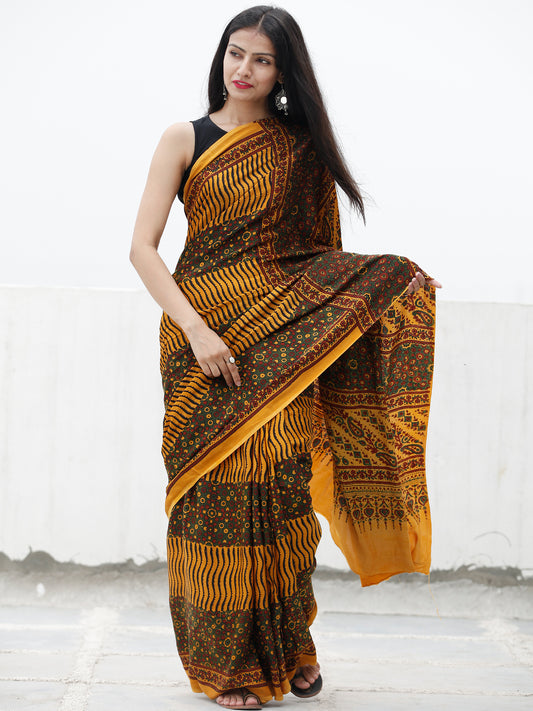 Yellow Green Black Maroon Ajrakh Hand Block Printed Modal Silk Saree in Natural Colors - S031703706