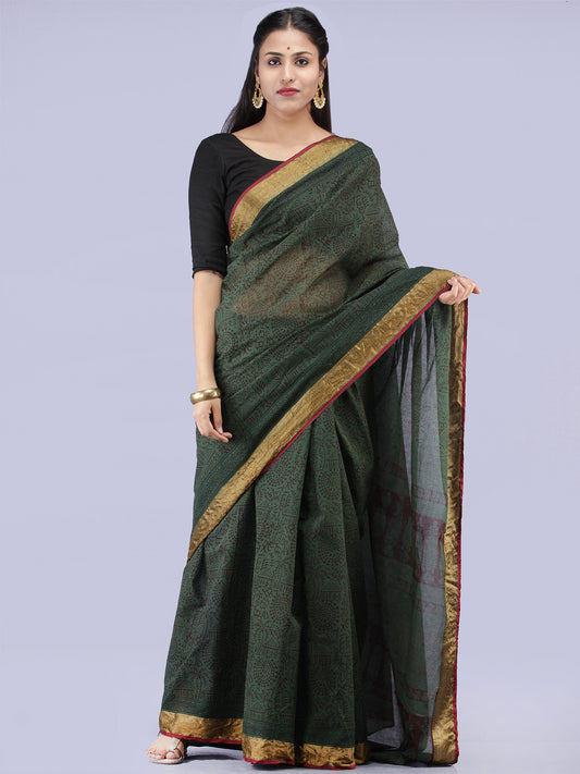 Green Black Bagh Printed Maheshwari Cotton Saree - S031704452