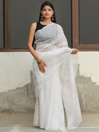 White Gold Hand Block Printed Kota Doria Saree  - S031704086