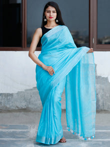 Sky Blue Silver Handwoven Linen Embroidered  Saree With Zari Border & Tassels - S031704032