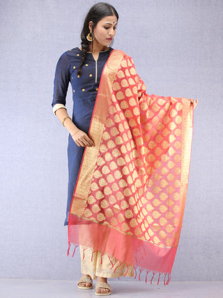 Banarasi Chanderi Dupatta With Resham Work - Coral & Gold - D04170803