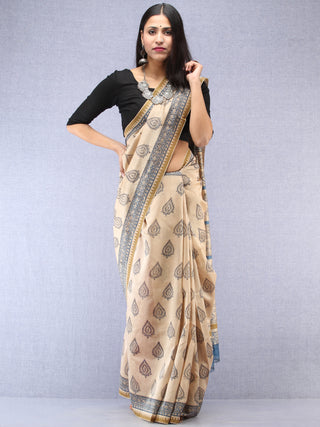 Ivory Indigo Hand Block Printed Chanderi Saree With Geecha Border - S031704492