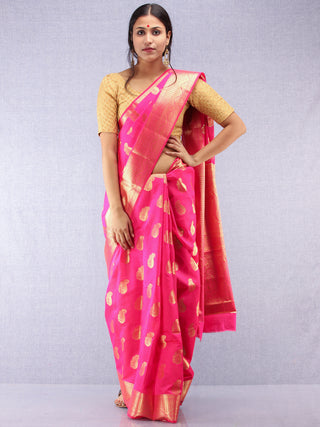 Banarasee Semi Silk Saree With Zari Work - Hot Pink & Gold - S031704367