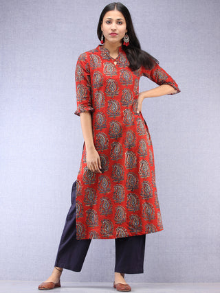 Red Indigo Hand Block Printed Kurta With Stand Collar  - K201F1827