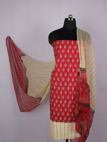 Red Ivory Beige Hand Block Printed Cotton Suit-Salwar Fabric With Chiffon Dupatta - S16281226