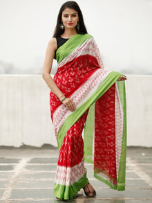Red White Green Ikat Handwoven Cotton Saree - S031704039