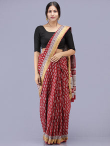 Deep Red Ivory Black Bagh Printed Maheshwari Cotton Saree - S031704176