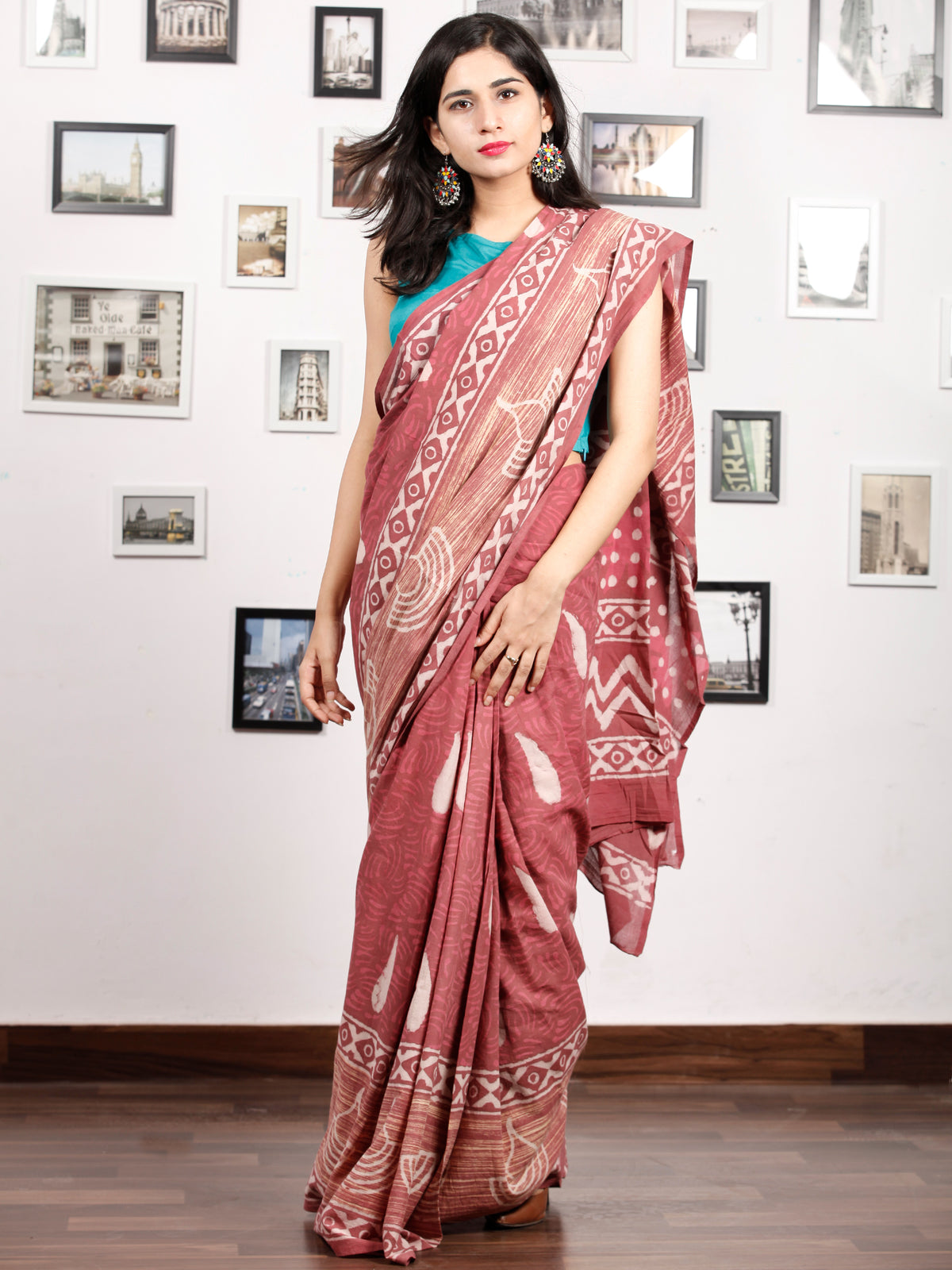 Rosewood Pink White Hand Block Printed Cotton Mul Saree - S031703173