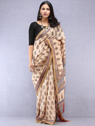 Ivory Indigo Maroon Hand Block Printed Chanderi Saree With Geecha Border - S031704520