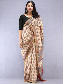 Ivory Indigo Maroon Hand Block Printed Chanderi Saree With Geecha Border - S031704520
